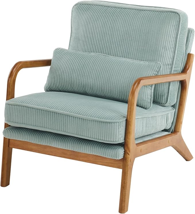 VINGLI Upgraded Premium Corduroy Accent Chairs Set of 2,Upholstered Arm Chair,Solid Wood Comfy Reading Chair with Pillow, Mid Century Modern Chairs for Living Room,Bedroom,Light Teal