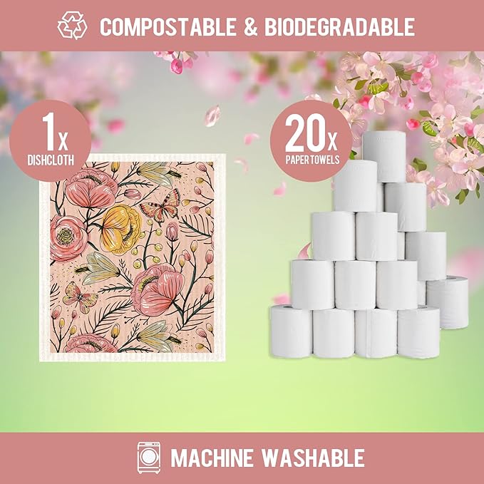 Morigins Swedish Dishcloths for Kitchen,6 Pack Swedish Dish Towels,Cellulose Sponge Cloths,Non Scratch Reusable Paper Towels, Biodegradable and Reusable Kitchen Dish Rags (Watercolor Floral)