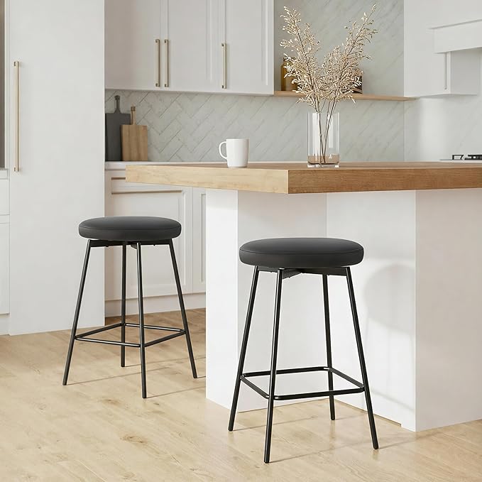 Swivel Bar Stools Set of 4, 24" Counter Height Bar Stool, Backless Barstools with Faux Leather Upholstered Seat&Sturdy Wood Legs for Kitchen Island, Black