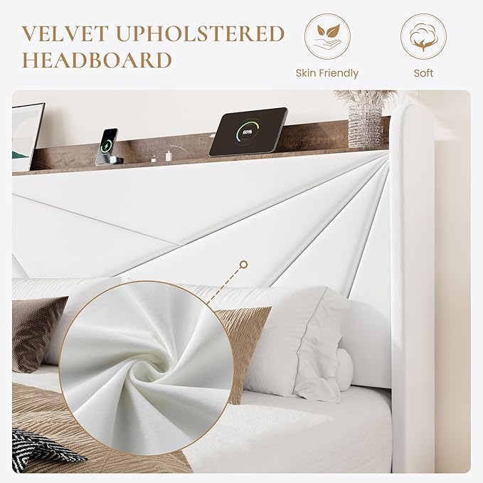 SHA CERLIN Full Size Bed Frame with 3 Drawers, USB & Type-C Charging Ports, Velvet Upholstered Platform Bed with Modern Geometric Wingback Storage Headboard, No Box Spring Needed, Easy Assembly, White