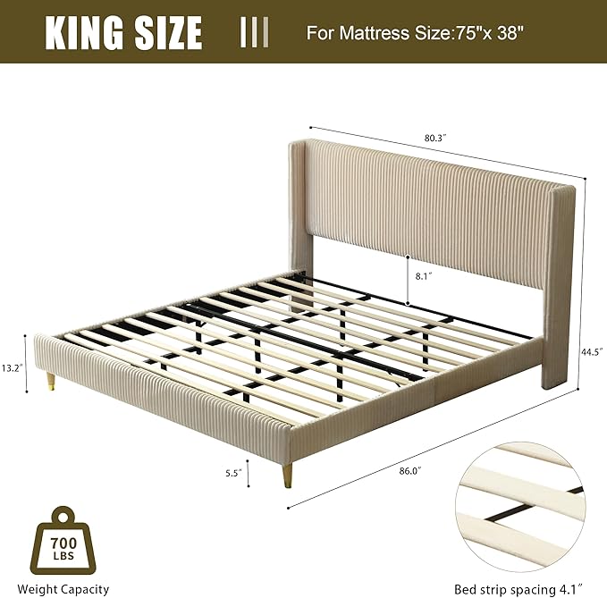 PINJU King Size Bed Frame, Upholstered Platform Bed with Modern Vertical Striped Wingback Headboard with Wooden Slats, Easy to Assemble No Noise Free (Beige, King (U.S. Standard))