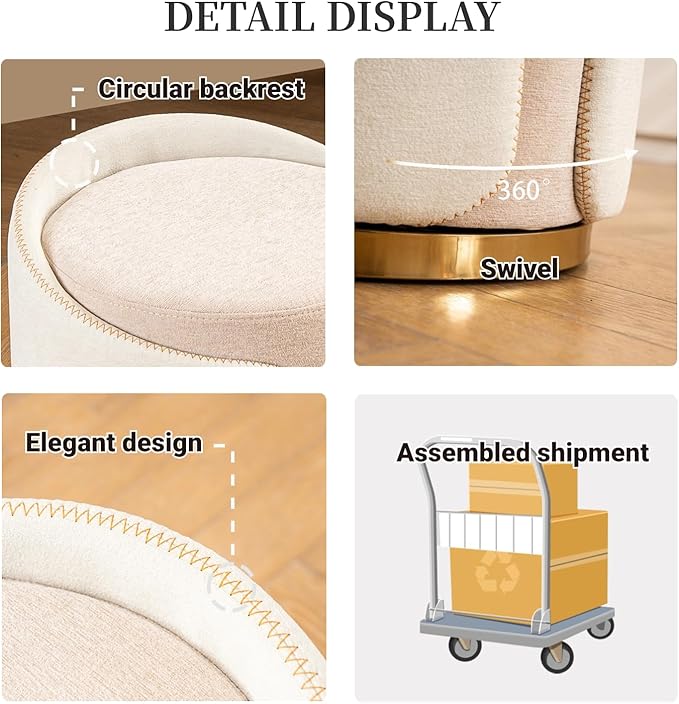 Swivel Vanity Stool with Gold Base Comfy Vanity Chair Modern Round Stool for Makeup Vanity Ottoman Foot Rest for Bedroom livingroom (Beige)
