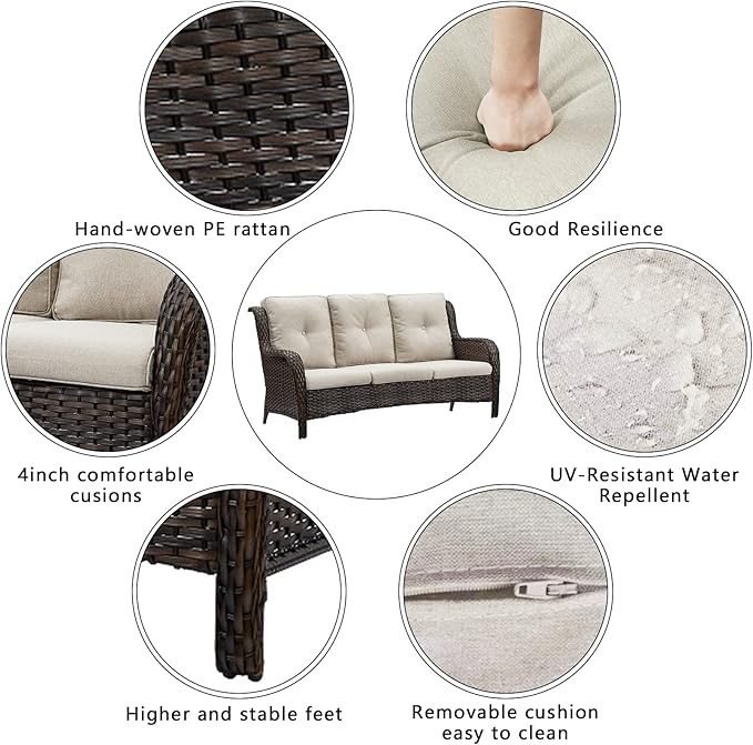 HUMMUH 6 Piece Patio Furniture Set PE Wicker Rattan 3-Seat Outdoor Sectional Sofa with Love Seats,Patio Swivel Chairs,Ottomans Conversation Sets for Garden, Poolside, Backyard