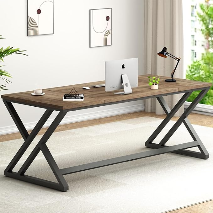 LVB Rustic Large Computer Desk, Industrial Extra Long Home Office Desk, Wood Pc Writing Work Study Computer Table Desk, Farmhouse Workstation Gaming Executive Desk for 2 Person, Rustic Oak, 70 Inch