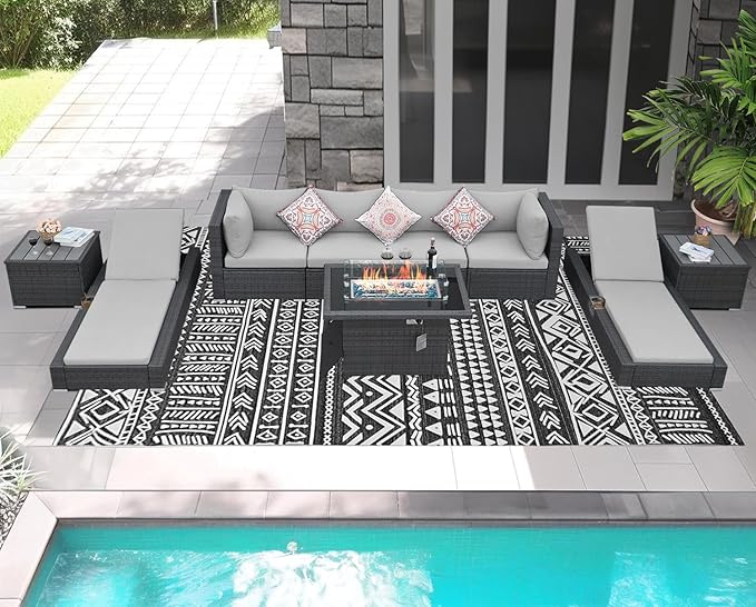NICESOUL 9 Piece Outdoor Patio Sectional Furniture Sofa Set with Fire Pit Natural Gas/Propane, 29.3'' High Backrest XL Large Conversation, Wide&Deep Seating Comfy Wicker Sectionals with Chaise Lounge