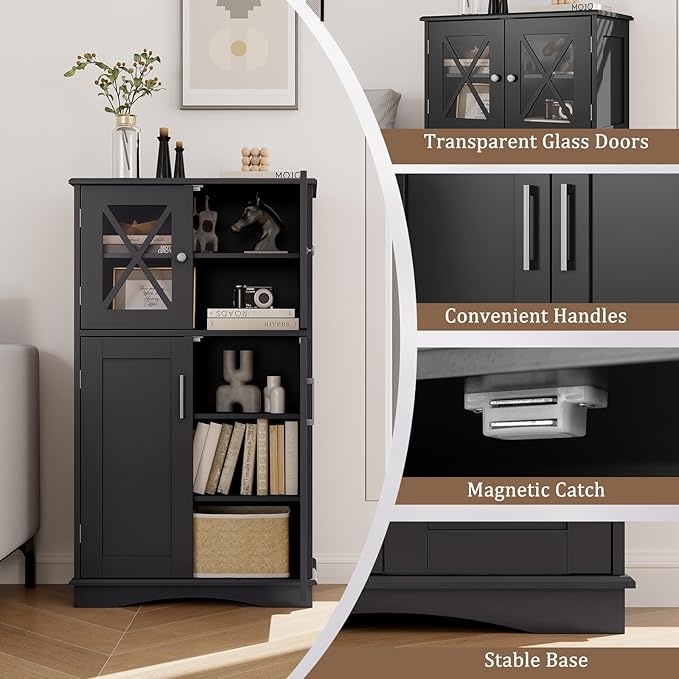 Giantex Bathroom Floor Storage Cabinet - Linen Floor Cabinet with Doors and Adjustable Shelves, Freestanding Side Storage Organizer for Bathroom, Living Room, Entryway, Kitchen Storage Unit (Black)