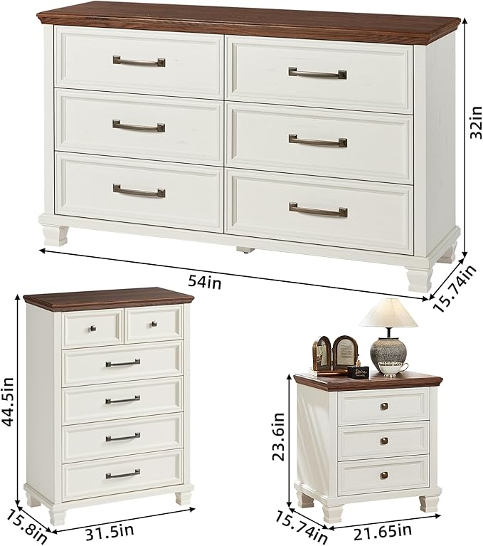 Farmhouse Bedroom Dresser and Nightstand Set of 4, 6 Drawer Tall & Low Dresser & 3 Drawer Nightstand Set with Wooden Legs, Rustic Wood Bedroom Furniture Sets for Livingroom, Hallway, White