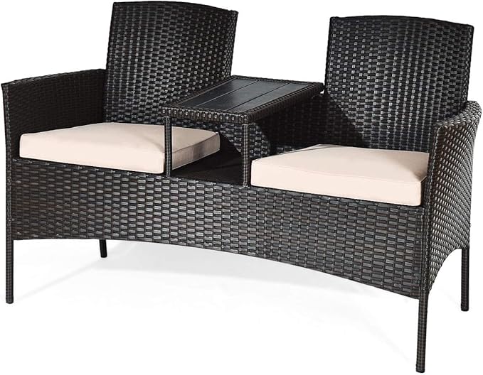 COSTWAY 2-Seat Patio Conversation Sets, Outdoor Patio Loveseat Set with Removable Cushions & Built-in Coffee Table for Backyard, Garden, Lawn, Balcony, Brown+Beige