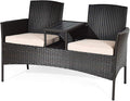 COSTWAY 2-Seat Patio Conversation Sets, Outdoor Patio Loveseat Set with Removable Cushions & Built-in Coffee Table for Backyard, Garden, Lawn, Balcony, Brown+Beige