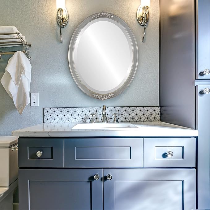 OVALCREST Oval Beveled Wall Mirror for Home Decor - Athena Style - Silver Shade - 26" x 20" Outside Dimensions