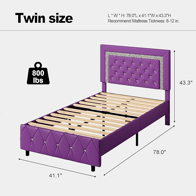 BarnFurin Twin Bed Frame with Headboard, Upholstered Bed with Diamond Tufted Design, No Box Spring Needed, Wooden Slats Support, Easy Assembly, Purple