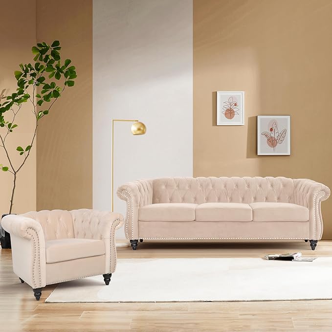Home Sofa Living Room Furniture, 3 Seater 84" Velvet Upholstered Couch, Mid Century Modern Comfy Couch with Cushions, Classic Tufted Chesterfield Couches for Bedroom, Office, Apartment (Beige)