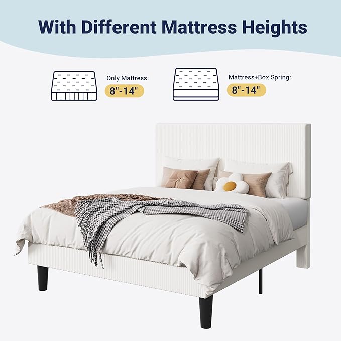 Allewie Full Size Upholstered Bed Frame with Vertical Channel Tufted Headboard, Soft Corduroy Fabric Platform Bed, Strong Wooden Slats Support, Easy Assembly, No Box Spring Needed, White