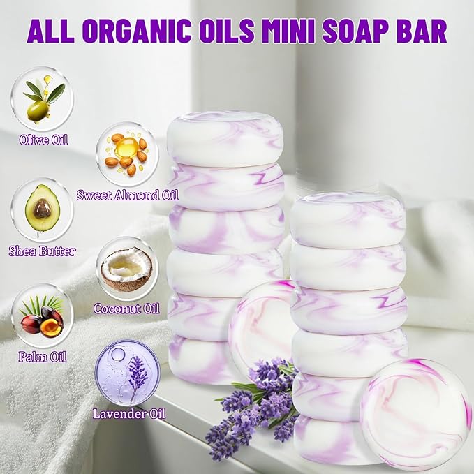 14 Pack 25 g Travel Size Lavender Soap, Individually Wrapped Handmade 4-In-1 Mini Hotel Soap Bars with Shea Butter, Olive Oil, Creamy Lather, Eco-Friendly, 0.88 oz