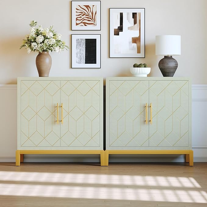 HLR Accent Cabinet with Gold Trim Set of 2,Storage Cabinet with 2 Doors,Modern Wooden Sideboard for Living Room, Kitchen, Office and Hallway(Green)