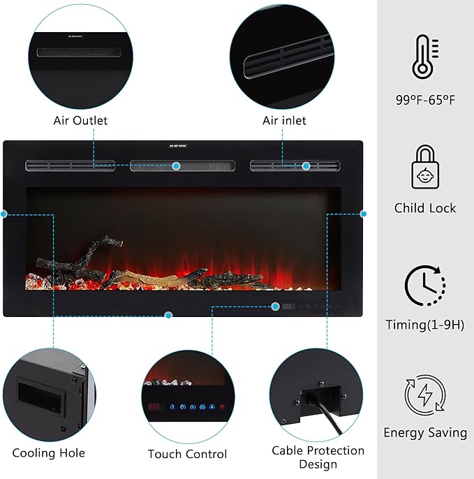 VECELO Fireplace TV Stand for Televisions up to 75" with 3D Flame/13 Colors, Modern Media Entertainment Center Console Table with LED Lights, 3 Tier Transparent Storage Shelves, for Living Room, Black