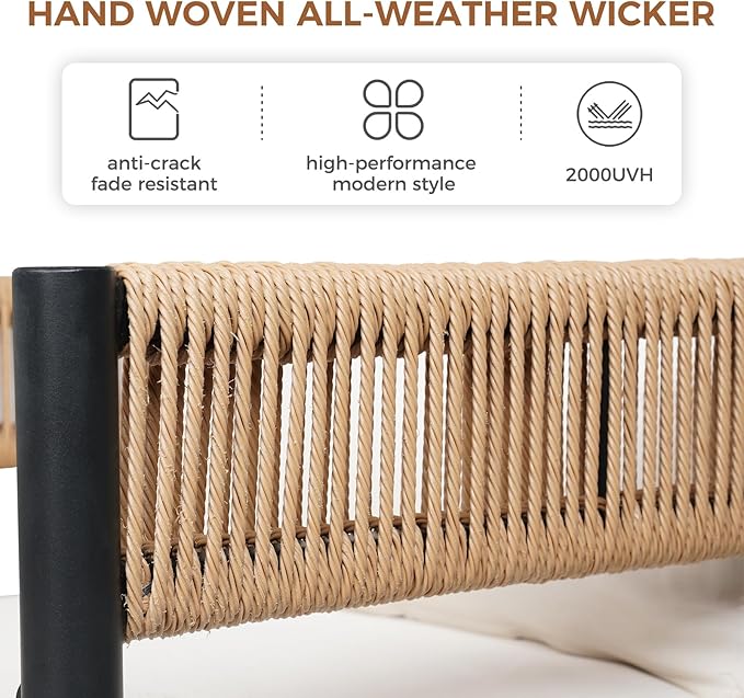 Grand patio Outdoor Dining Set, 7-Piece Patio Table and Chairs Set, Metal Woven Wicker Swivel Patio Chairs with Thickened Cushions & 1 Rectangular Woodgrain Dining Table with Umbrella Hole (Natural)