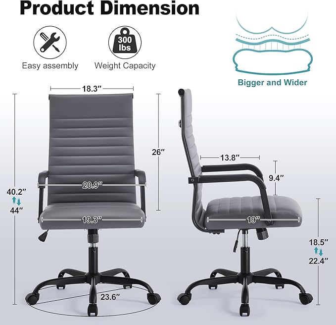 Office Desk Chair, Ergonomic Conference Room Chairs, PU Leather Executive Ribbed Computer Chair, Swivel Rolling Chair for Home Office