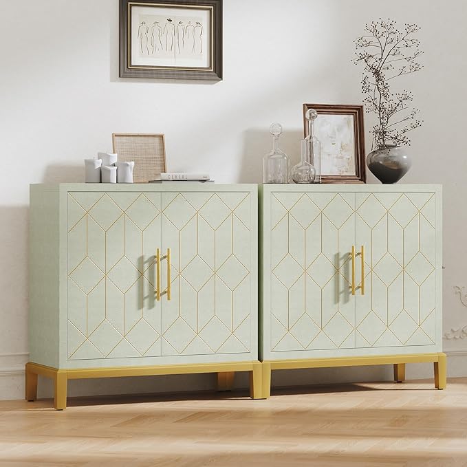 HLR Accent Cabinet with Gold Trim Set of 2,Storage Cabinet with 2 Doors,Modern Wooden Sideboard for Living Room, Kitchen, Office and Hallway(Green)