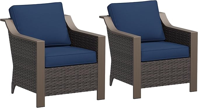 Outdoor Armchairs Set of 2, Patio Metal Wicker Conversation Furniture Set, Premium & Washable Cushions, Durable PE Rattan, Metal Armrests with Wood Grain, Backyard (Navy Blue)