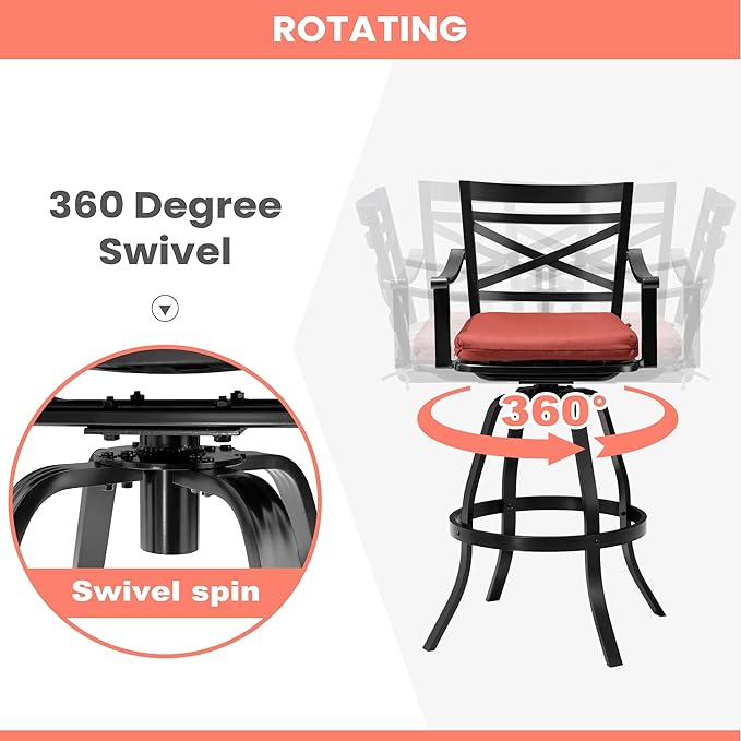 Pellebant 30 Inch Sunbrella Outdoor Bar Stools Set of 8, Aluminum Swivel Patio Bar Height Bar Stools with Back & Footrest, for Deck Lawn Garden(Red)