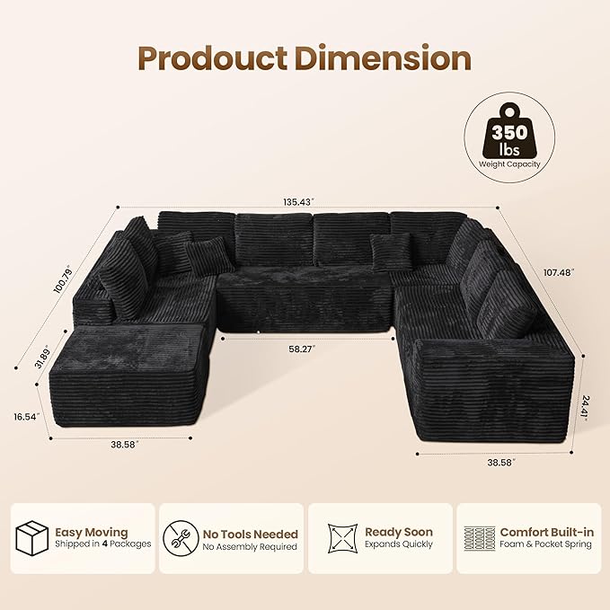 Cloud Sectional Couch with Loveseat, Boneless U-Shaped Cloud Couch with Deep Seat, Soft Plush Modern Minimalist Sofa, Assembly Free Modular Floor Sofa for Office Living Room Apartment, Black