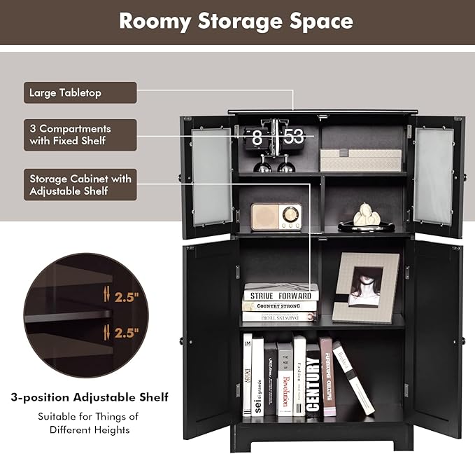 LOKO Bathroom Floor Cabinet, Storage Organizer with Glass Doors, Wooden Kitchen Cupboard with Adjustable Shelf, Versatile Floor Storage Cabinet for Bathroom, Living Room & Kitchen (Black)