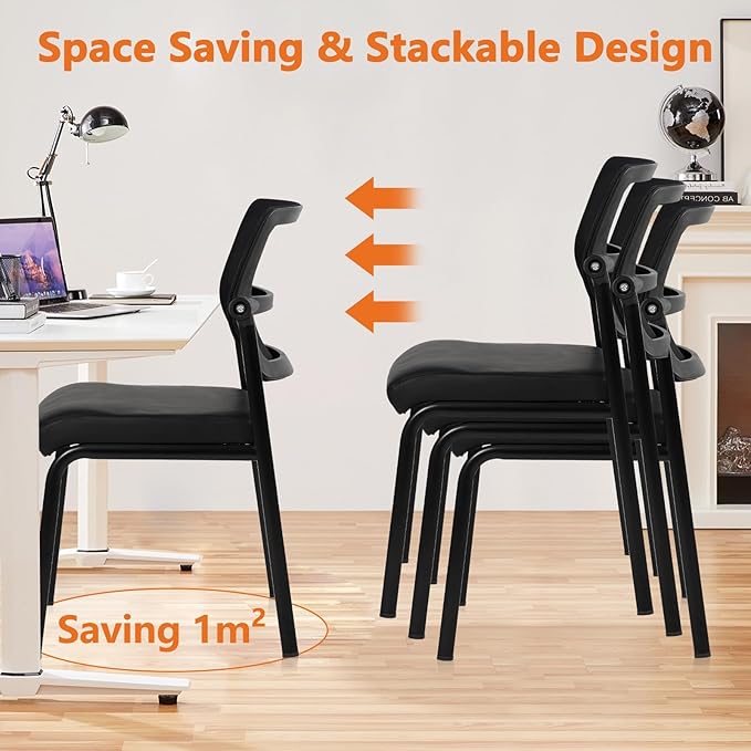 CLATINA Stackable Waiting Room Chair with Adjustable Mesh Backrest, Armless Office Guest Reception Chairs with Ergonomic Lumbar Support and Leather Cushion for Conference Lobby Side School, Black