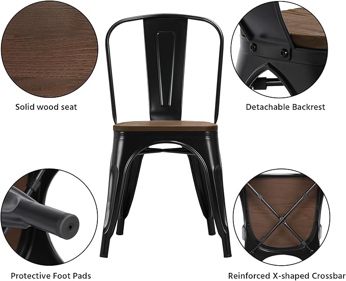 Yaheetech 18 Inch Classic Iron Metal Dining Chair with Wood Top/Seat Indoor-Outdoor Use Chic Dining Bistro Cafe Side Barstool Bar Chair Coffee Chair Set of 4 Black