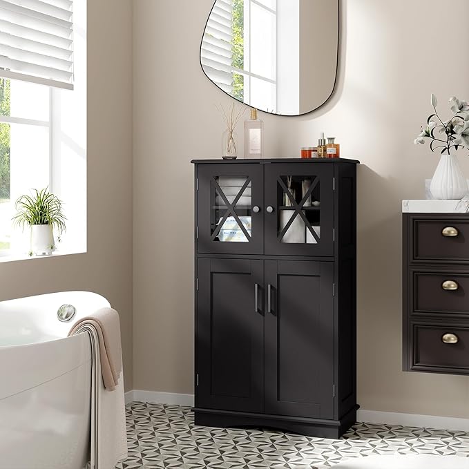 Giantex Bathroom Floor Storage Cabinet - Linen Floor Cabinet with Doors and Adjustable Shelves, Freestanding Side Storage Organizer for Bathroom, Living Room, Entryway, Kitchen Storage Unit (Black)