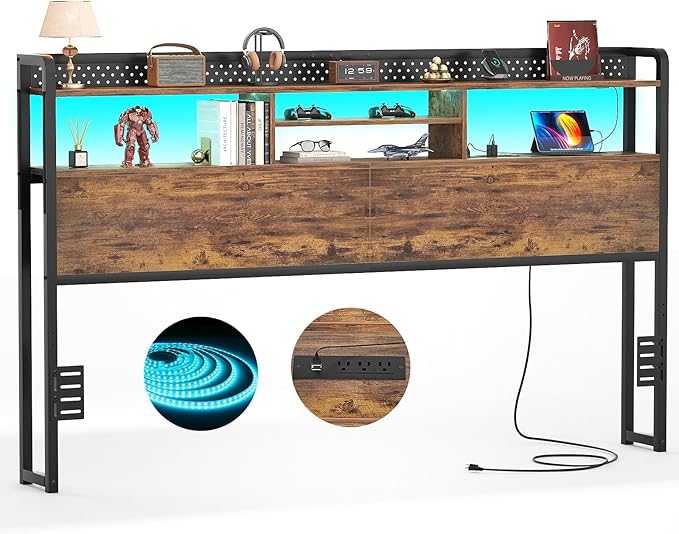 Unikito Headboard for King Size Bed with Storage Shelf, Head Board with 3 Outlets and 2 USB Ports, Headboards with RGB LED Light, Height Adjustable, Sturdy and Stable, Easy Assembly, Rustic Brown