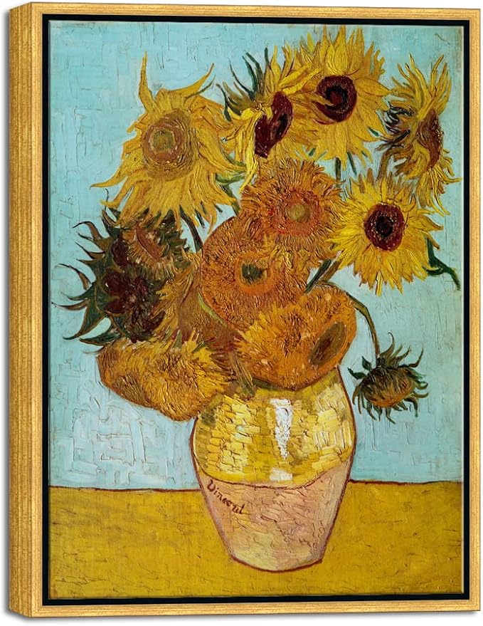 Wieco Art Framed Wall Art of Sunflower by Vincent Van Gogh Paintings Reproduction Abstract Canvas Prints for Home Living Room Decorations Bronze Gold Frame