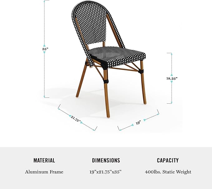 Martha Stewart Lily Pond Indoor-Outdoor Stackable Bistro Chairs with Natural Woodgrain Aluminum Frame Finish, Black/White Woven Rattan Backrests/Seats, Set of 2