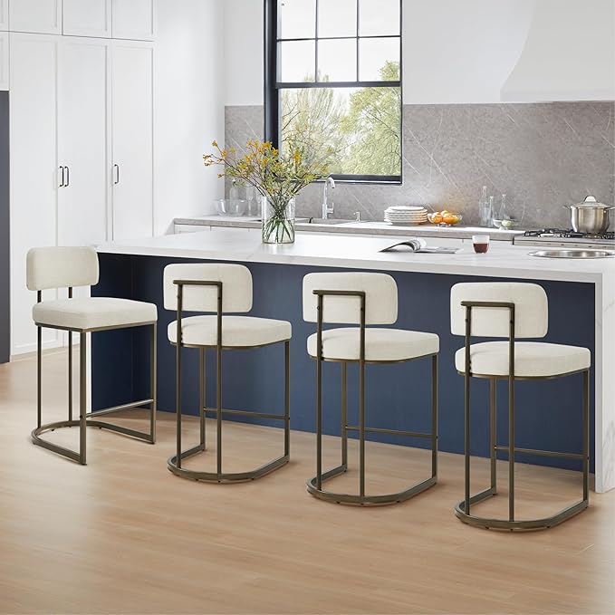 26" H Counter Height Bar Stools Set of 2, Modern Linen Fabric Upholstered Barstools with Backrest for Kitchen Island, Gold Metal Frames, Linen