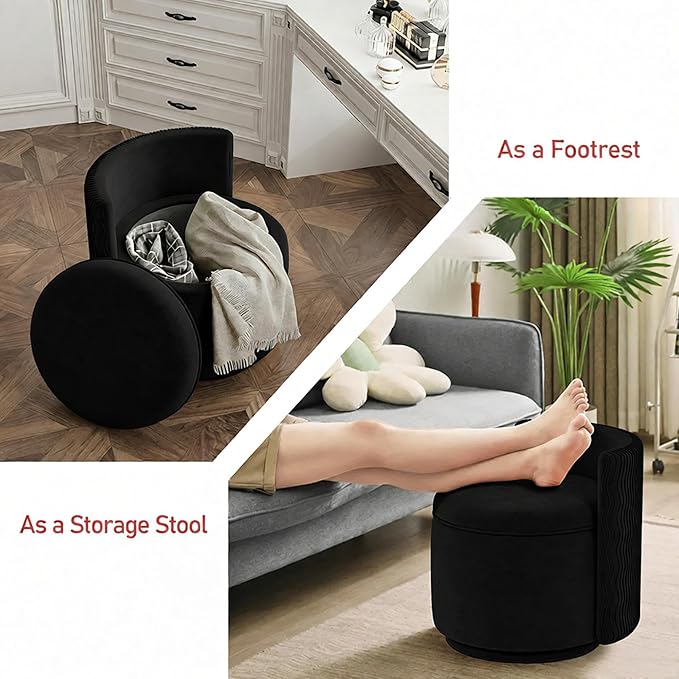 360° Swivel Accent Chair with Storage, Vanity Stool with Back, Velvet Storage Ottoman, Upholstered Round Barrel Vanity Chair for Living Room, Makeup Room, Bedroom (Black)