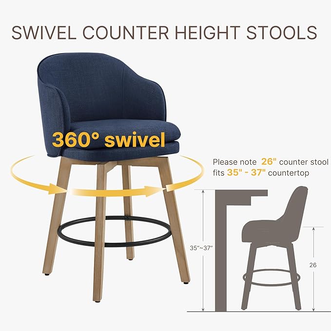Counter Height Barstools 26 inch Upholstered Swivel Bar Stools with Back and Wood Legs for Kitchen Island,Set of 2,Blue Fabric