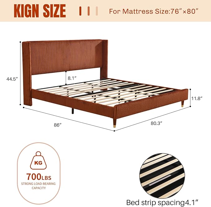 PINJU King Size Bed Frame, Upholstered Platform Bed with Modern Vertical Striped Wingback Headboard with Wooden Slats, Easy to Assemble No Noise Free (OCHER, King (U.S. Standard))