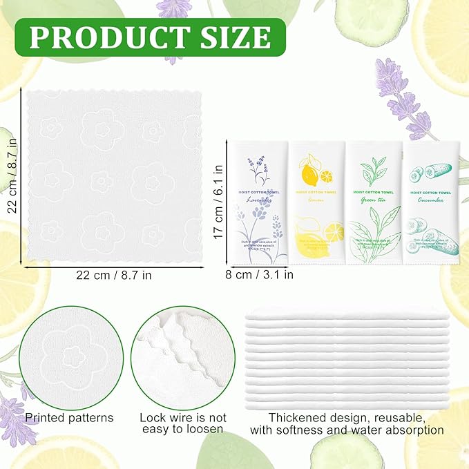 Moist Cotton Towel Bulk Moist Towelettes Individually Wrapped,White Towel Services,Refreshment Pre Moistened Towels for Dentist Travel Sport Party Hotel 20，Lavender,Green tea, Lemon and Cucumber