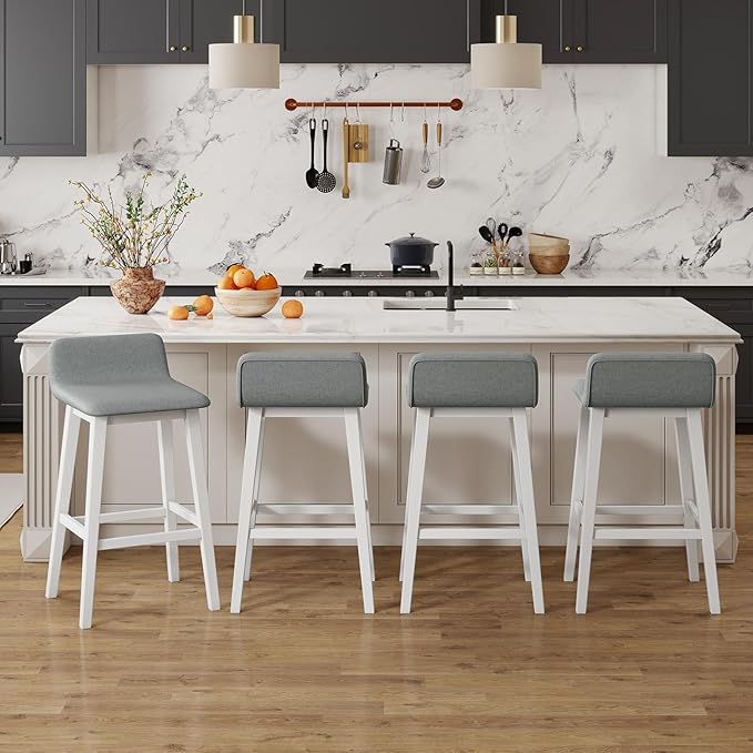 COSTWAY Wooden Bar Stools Set of 4, 29-inch Height Upholstered Padded Seat, Low Backrest, Footrest, Rubber Wood Legs, Armless Bar Chairs for Kitchen Counter Island, Dining Room, White+Gray