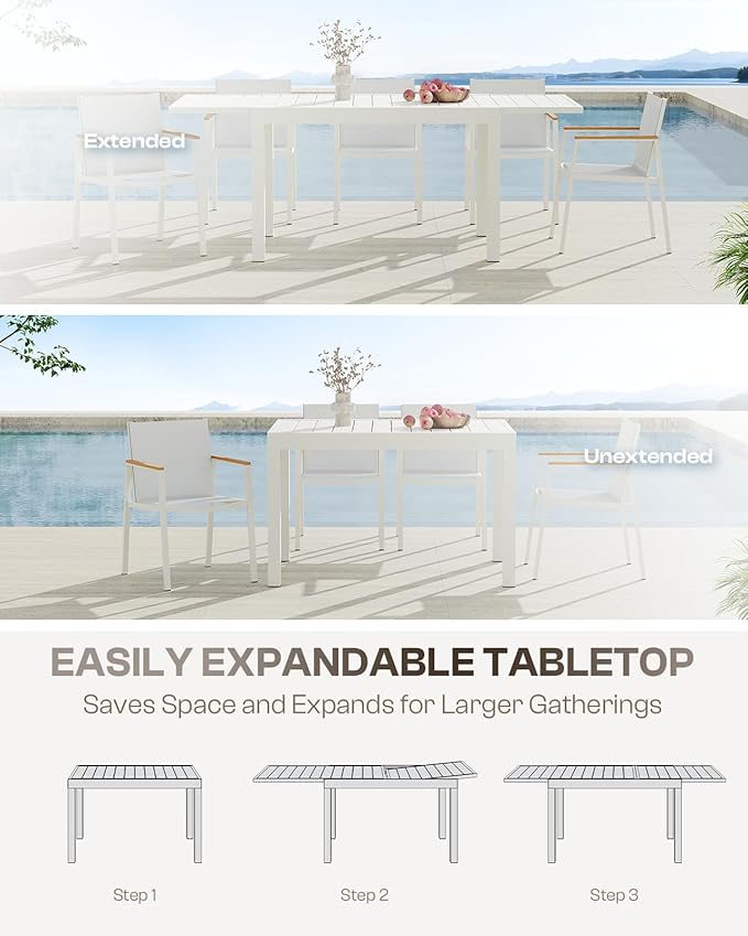 Expandable Outdoor Patio Dining Table Set for 6-8 Person, Aluminum Outdoor Table and 8 Chairs with Textilene Fabric & HDPS Armrest, All-Weather Patio Furniture Set for Yard, Garden, White