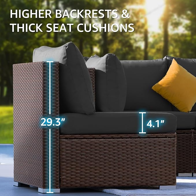 NICESOUL Extra Large Size Patio Furniture Set with Firepit Natural Gas/Propane, 6 Seater Modern Luxury Outdoor Sofa Set, 29.3'' High Backrest Backyard Sitting, Brown Rattan and Dark Grey Cushion