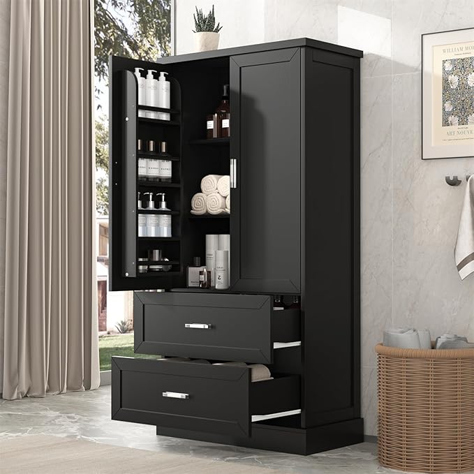 Polibi Tall Storage Cabinet with 2 Doors, 2 Drawers, 4-Tier Storage Racks of Each Door, Adjustable Shelf, Floor Free-Standing Cabinet for Bathroom, Living Room, MDF Board, Black