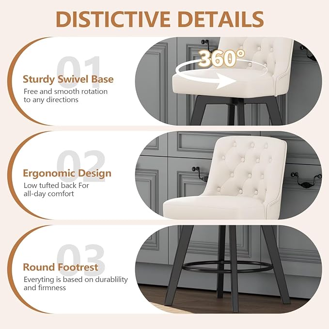 MINCETA Bar Stools Set of 2, PU Leather Barstools, 26 Inch Upholstered Counter Stools with Low Tufted Back and Footrest, Swivel Counter Height Barstools for Kitchen Island Home Bar White
