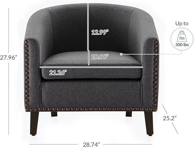 BELLEZE Accent Barrel Chair, Modern Tub Club Chair Upholstered Armchair with Gold Nail Head Trim and Black Legs for Living Room Bedroom Apartment Lounge - Gray/Linen