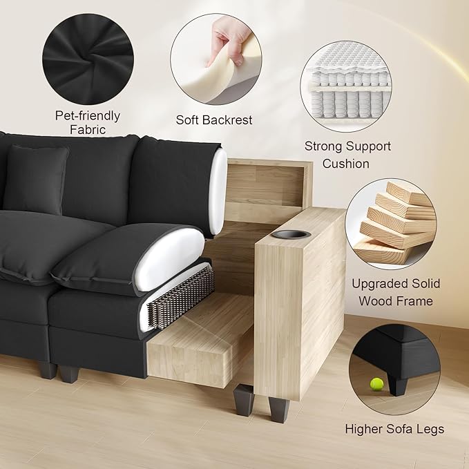 Cloud Couch, Modular Sectional Sofa with Ottoman, Charging Station, Throw Pillows, Cup Holders, Modern Convertible L Shaped Couches for Living Room, Bedroom (Classic Black, 116"- L Shape)