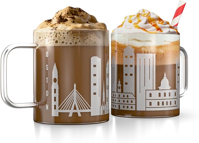 Greenline Goods – Boston, MA Skyline Glass Coffee Mugs (Set of 2), 15 oz – Etched Wrap Design