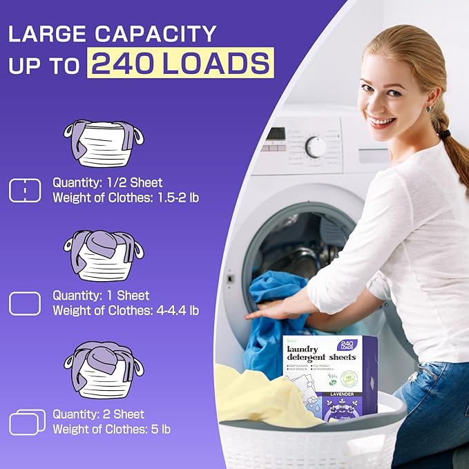 Soulink Lavender Laundry Detergent Sheets, 240 Loads - Eco-Friendly, Plant-Based, Hypoallergenic, No Plastic Jug