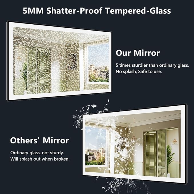 72x36 Inch LED Bathroom Mirror with Lights (Front Lit and Backlit) Black Framed Lighted Vanity Mirror for Bathroom Wall Dimmable Anti-Fog Memory Tempered Glass Horizontal/Vertical
