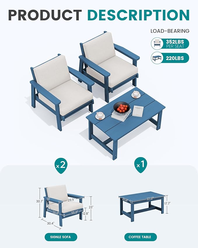 SERWALL HDPE Outdoor Couch, Blue Frame and Khaki Cushion