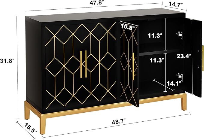 HLR Accent Cabinet with 4 Doors&Shelves, Sideboard Buffet Cabinet with Gold Trim, Modern Black Storage for Living Room, Entryway, Kitchen, Dining Room, Hallway